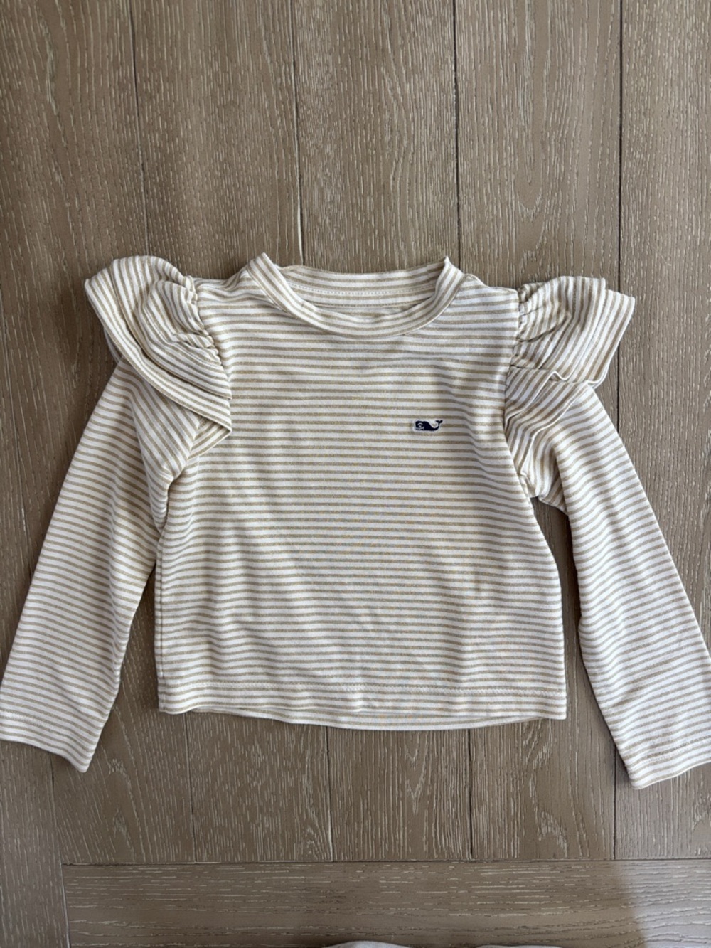 Vineyard Vines Cream & Tan Striped Ruffle-Shoulder Long Sleeve Tee